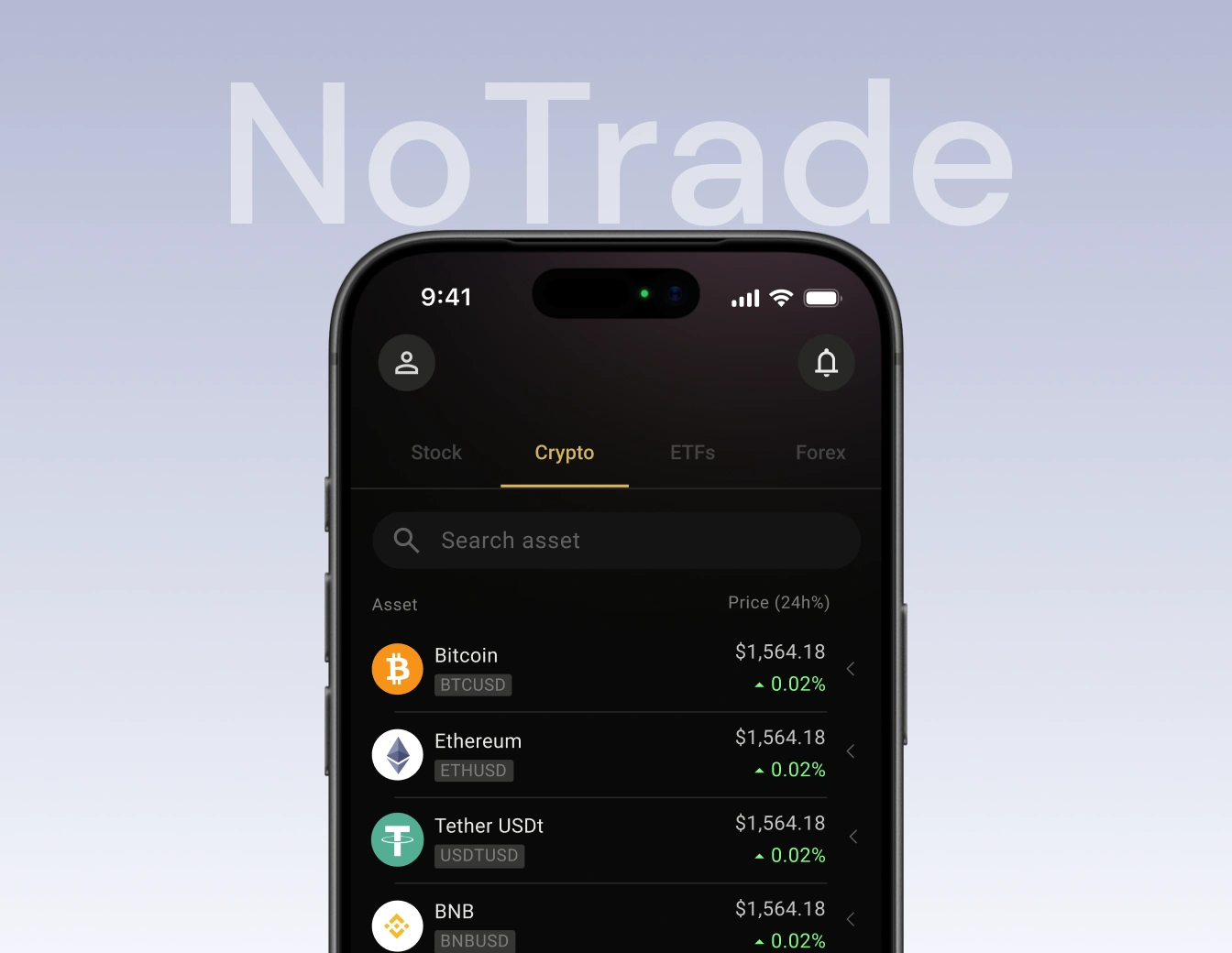 Notrade mobile trading app displayed on a smartphone with a dark interface, showcasing crypto asset tracking and real-time portfolio management.