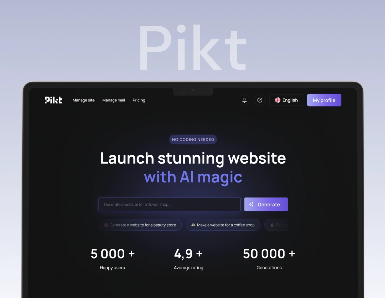 Pikt AI website builder interface displayed on a laptop with a dark background, showcasing automated website creation and AI-driven design tools.