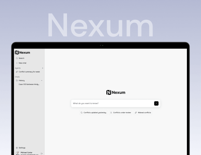 Nexum platform interface displayed on a laptop with a dark blue background, showcasing document processing, data extraction, and financial reporting features.