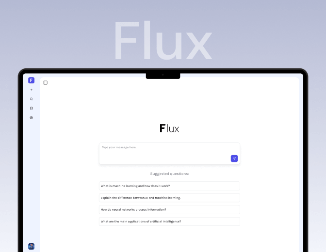 Flux platform homepage displayed on a laptop against a deep blue background, presenting an intelligent search and knowledge management solution for business information discovery.