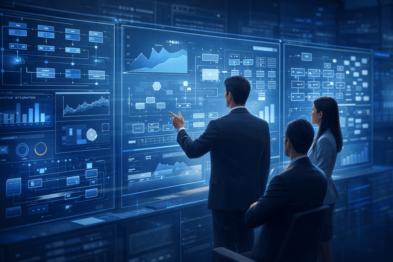 Senior leadership team reviewing scalable data analytics consulting services architecture with dashboards, pipelines, and predictive analytics models.