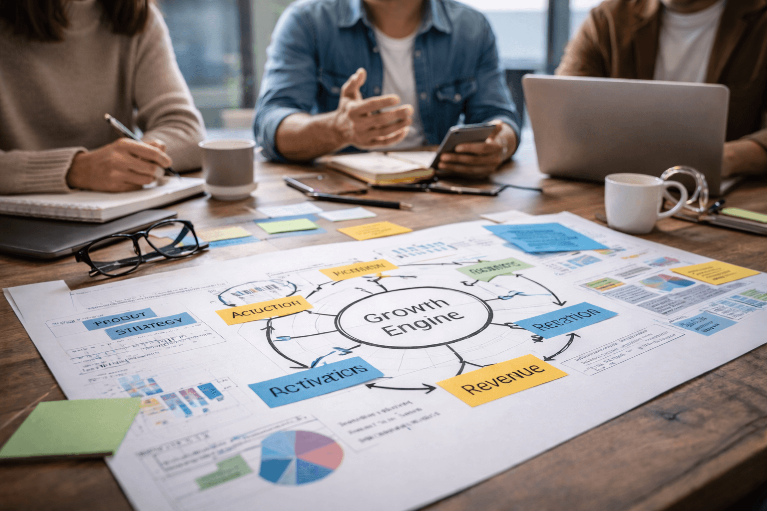 Team reviewing a SaaS growth strategy diagram showing acquisition, activation, retention, and revenue as part of a scalable startup growth strategy and growth architecture discussion.