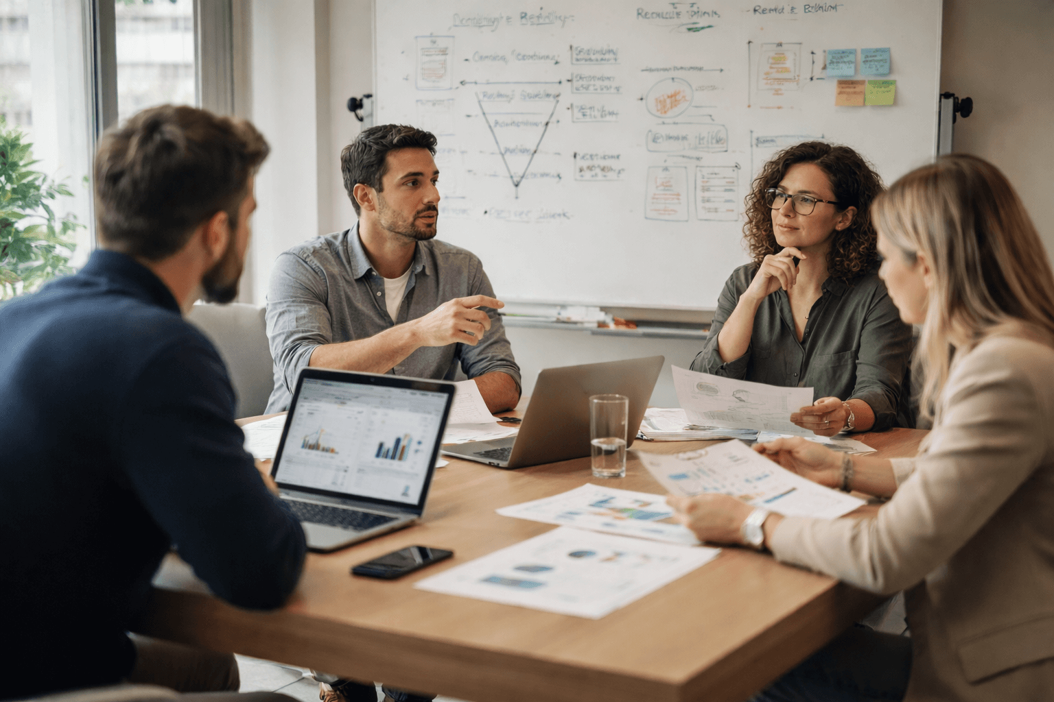 Team reviewing SaaS product growth strategy and product and marketing alignment during an early-stage SaaS growth planning session.