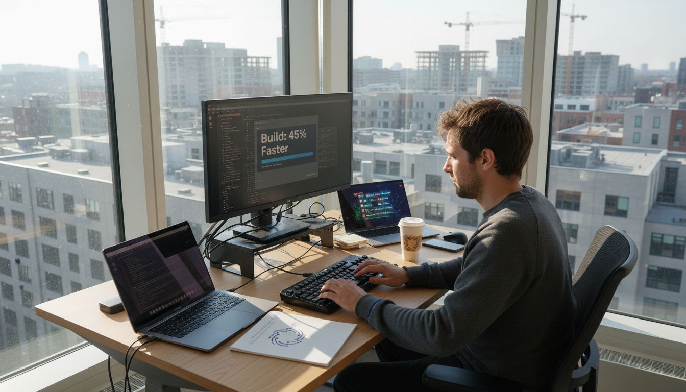 Developer building web tools in corner office