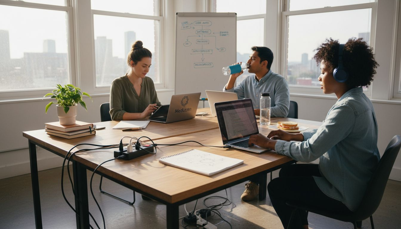 Cloud development team collaborating at office table