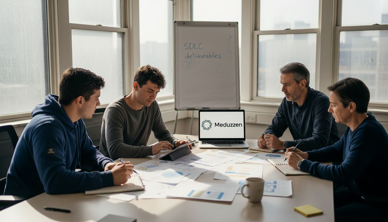 Software team meeting in corner office