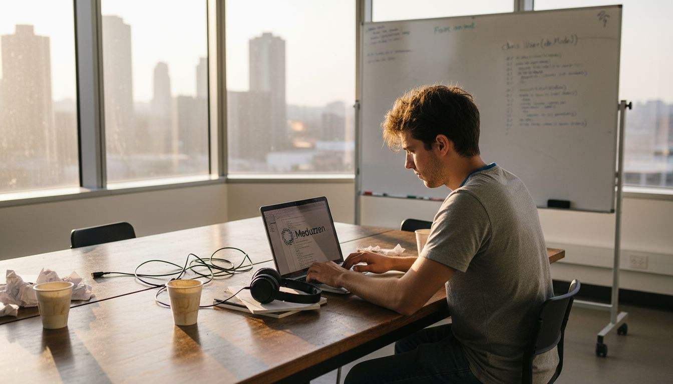 Startup founder coding in cluttered office workspace