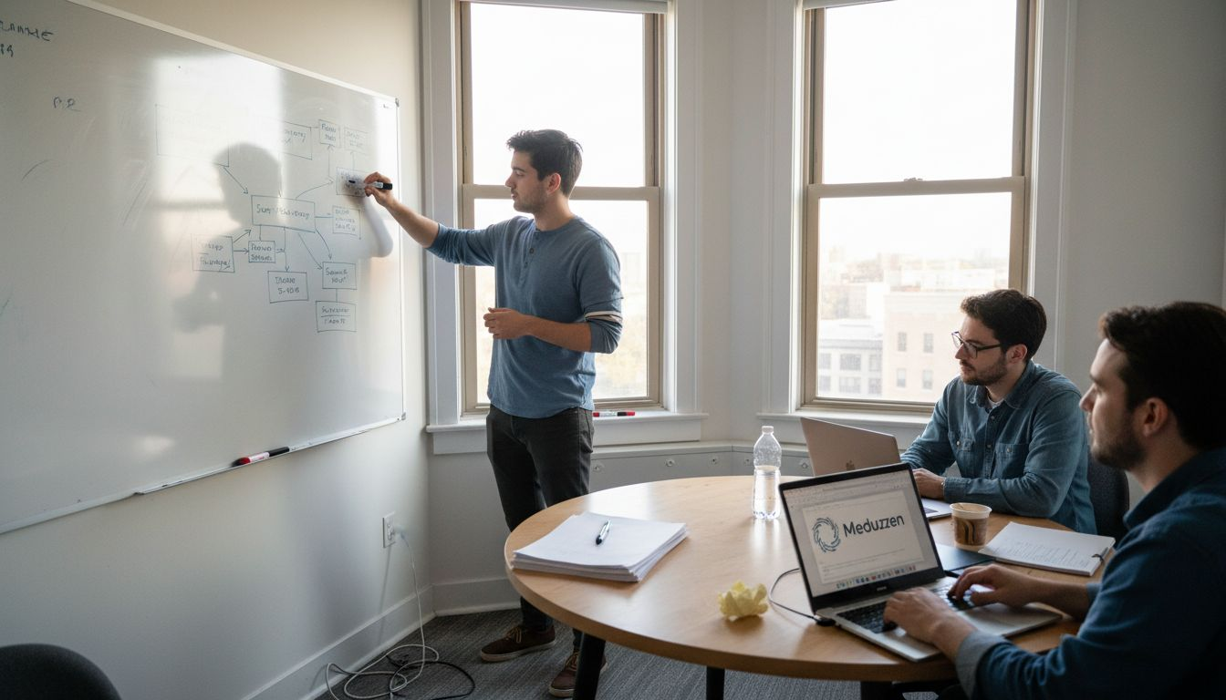 Startup team mapping workflow on whiteboard