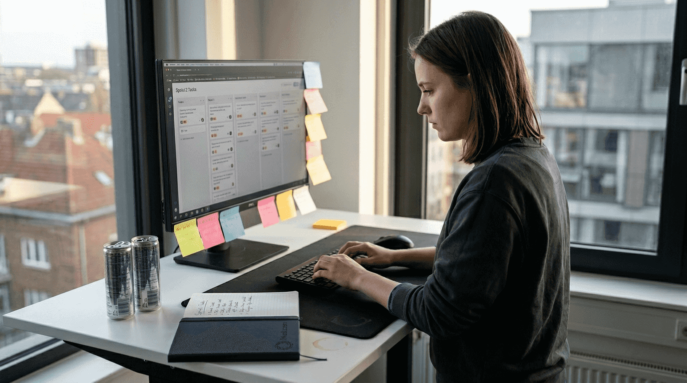 Developer coding MVP features at desk