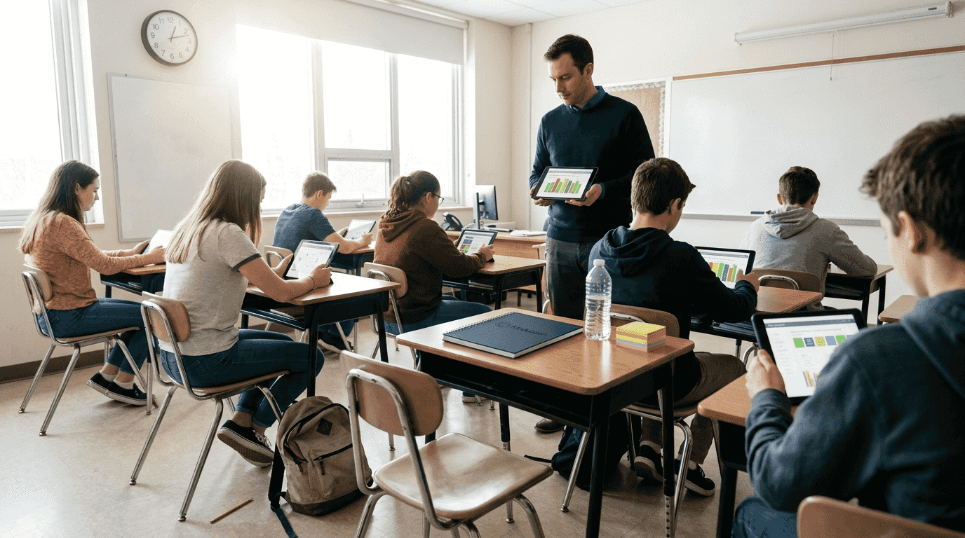 Teacher overseeing students using adaptive AI tools