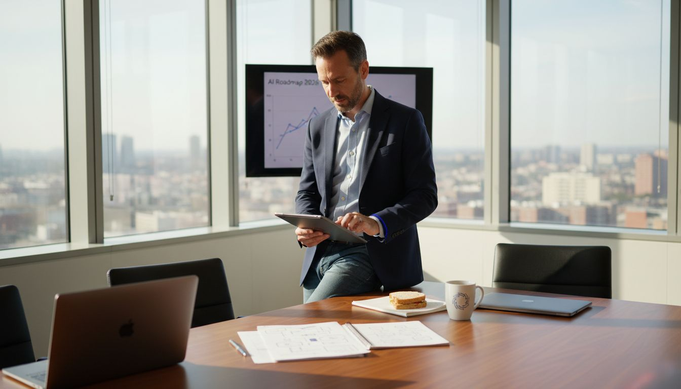 Tech leader reviewing AI strategy presentation
