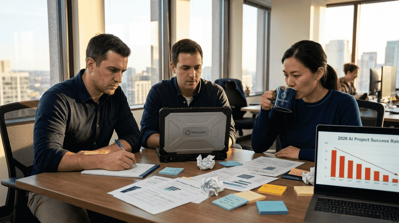 Team reviewing failed AI project data charts