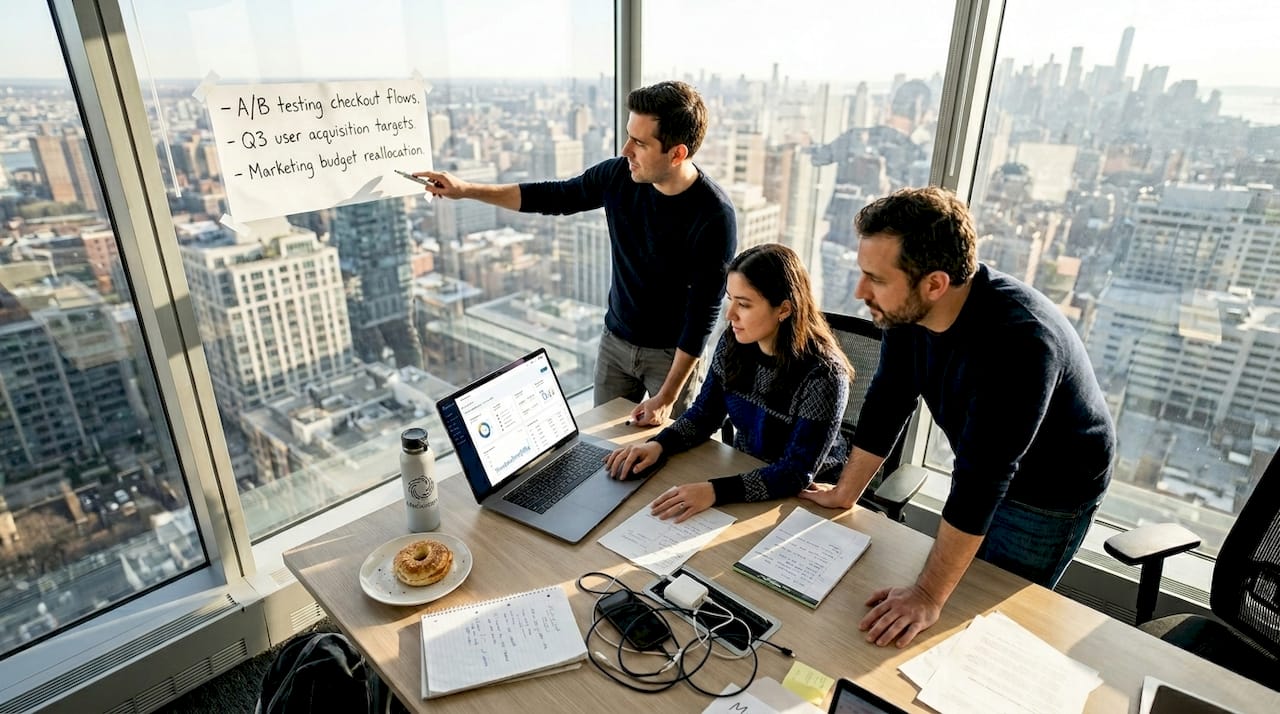 Startup founders meet in city office workspace