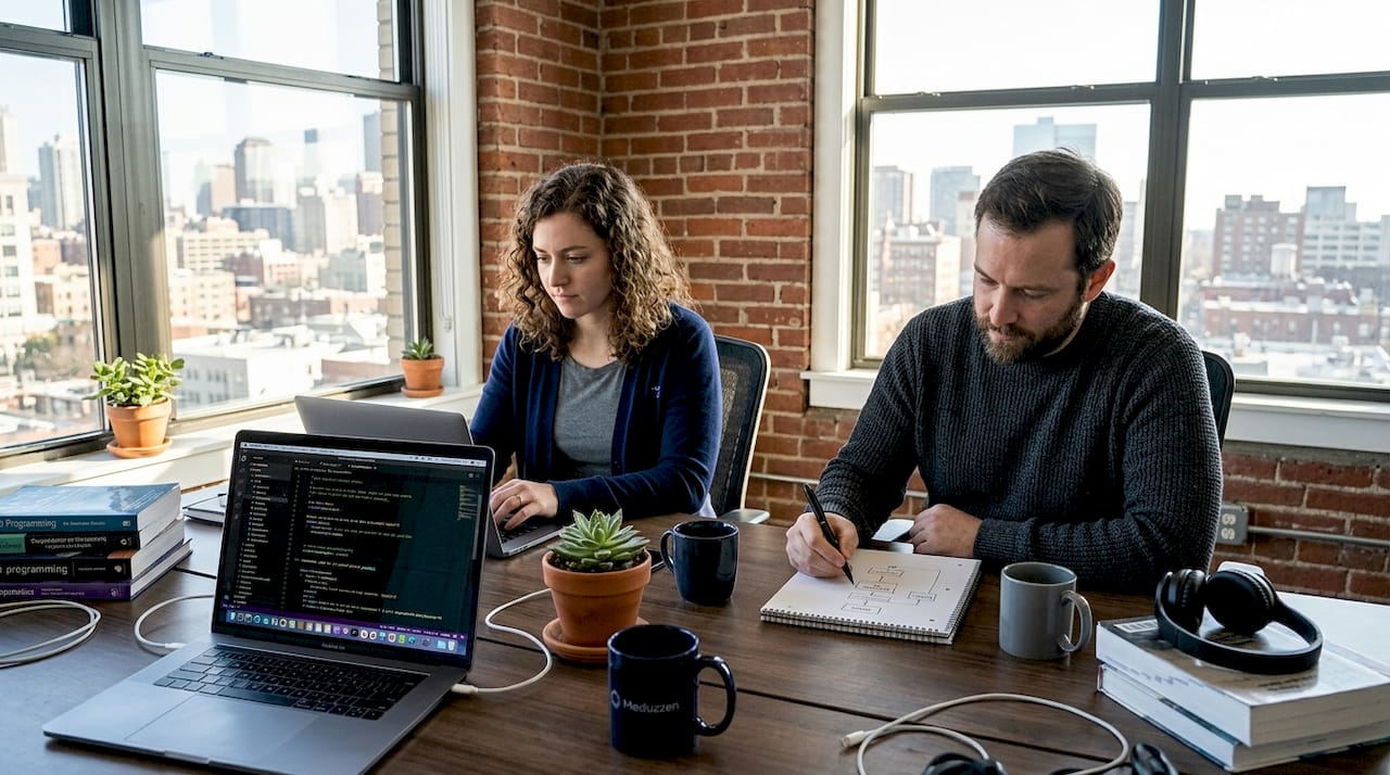 Developers collaborating on Python project in office