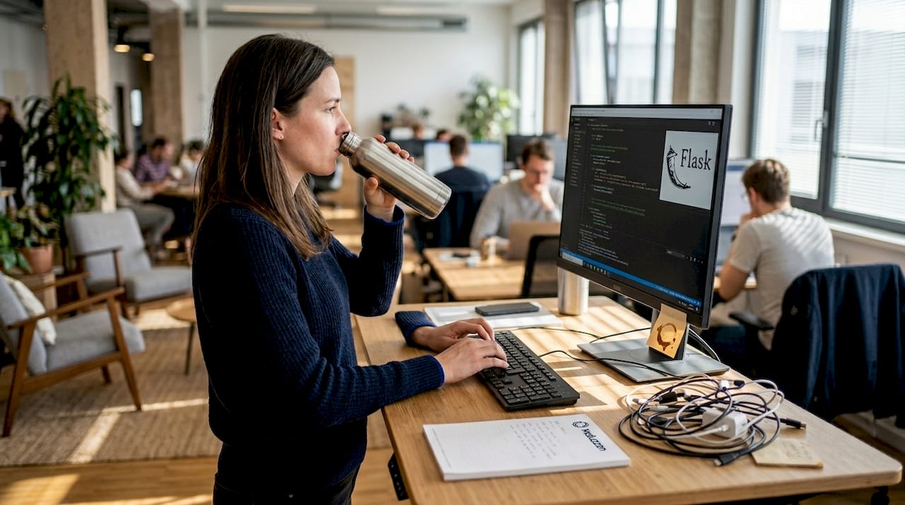 Web developer coding Python at modern desk