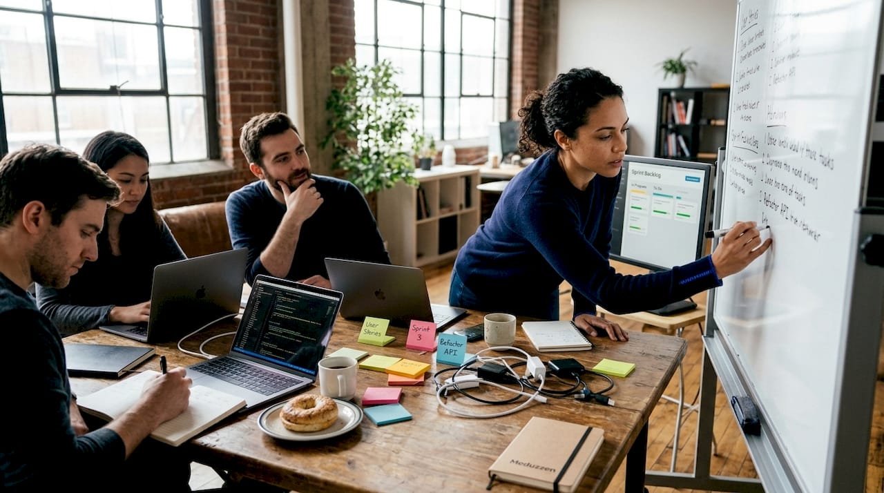 Startup team collaborating on agile sprint planning