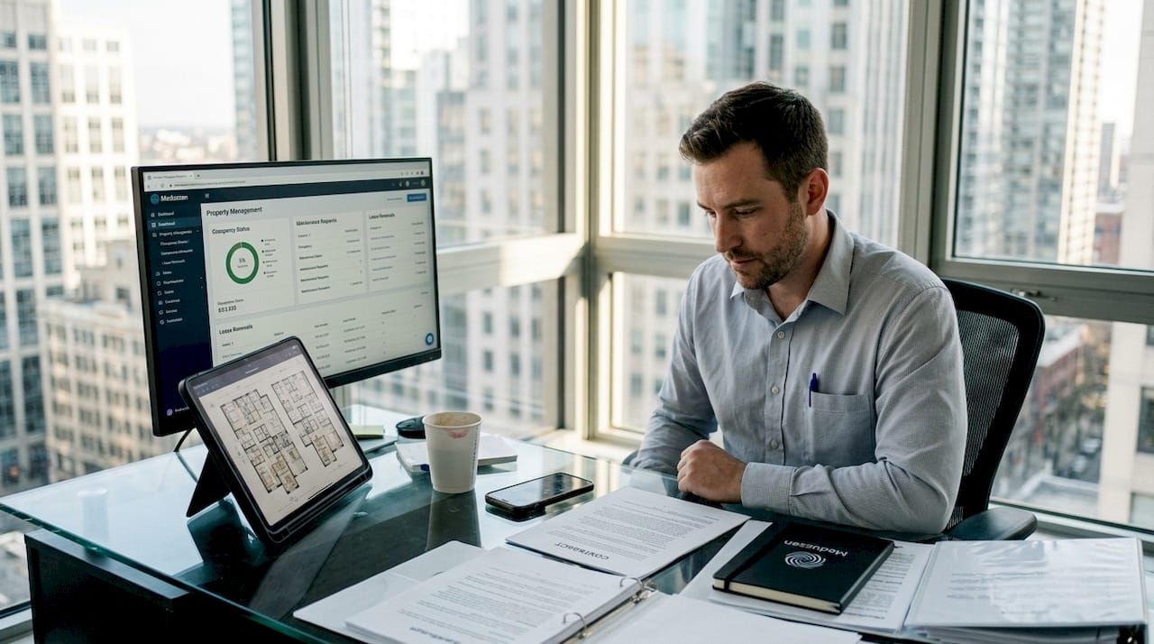 Property manager reviewing tech dashboard in city office
