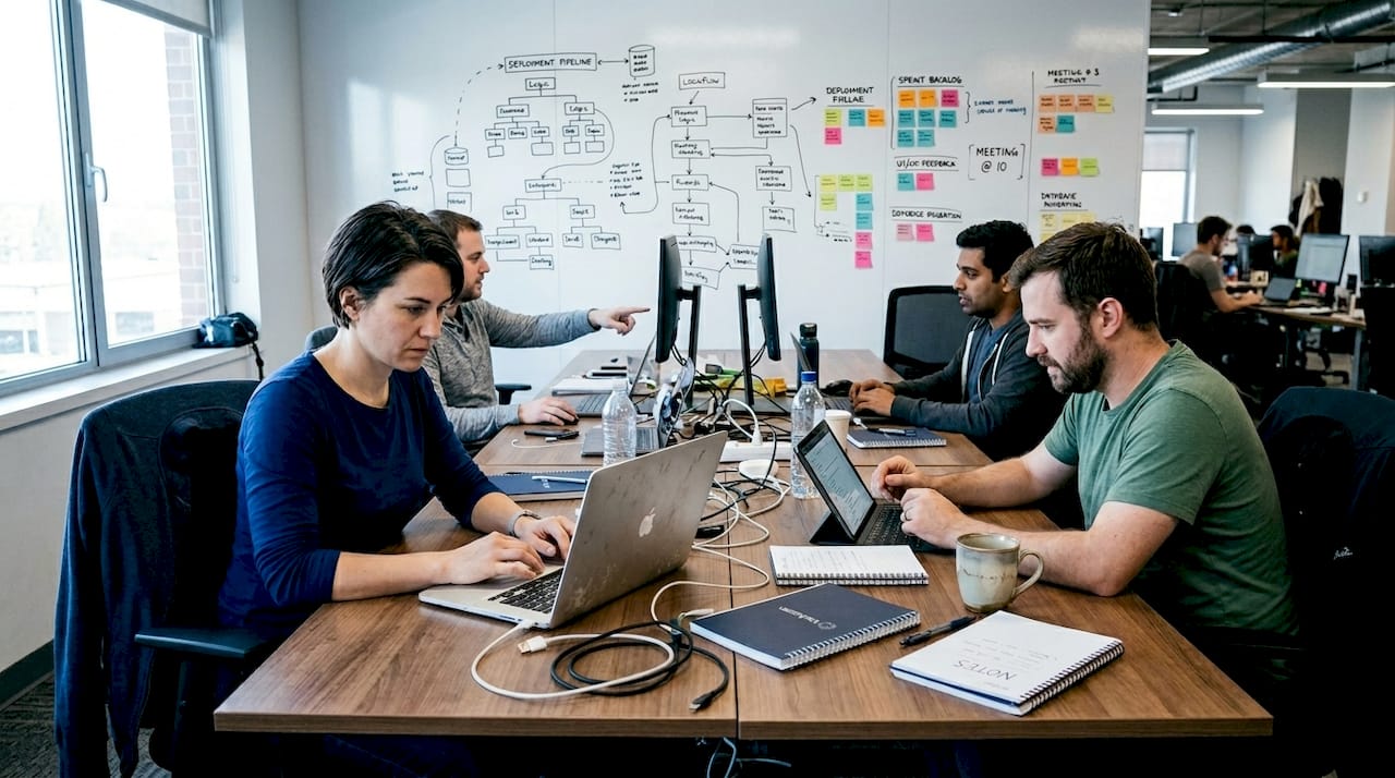 Software engineers collaborate in open workspace