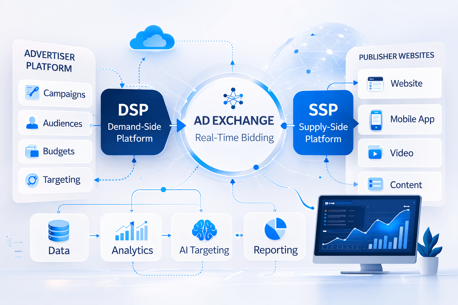 Programmatic advertising ecosystem diagram showing DSP, SSP, and ad exchange workflow