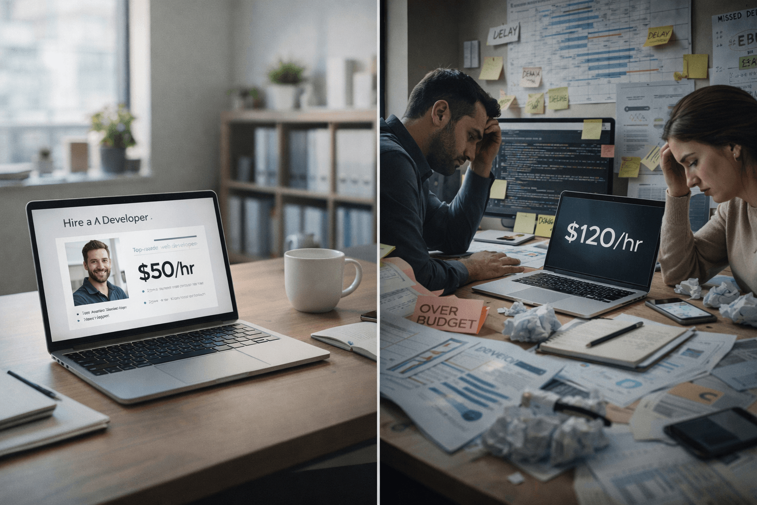 Example of Python developer cost in 2026 comparing low hourly rate hire ($50/hr) with real project cost ($120/hr) caused by hidden costs, delays, and rework