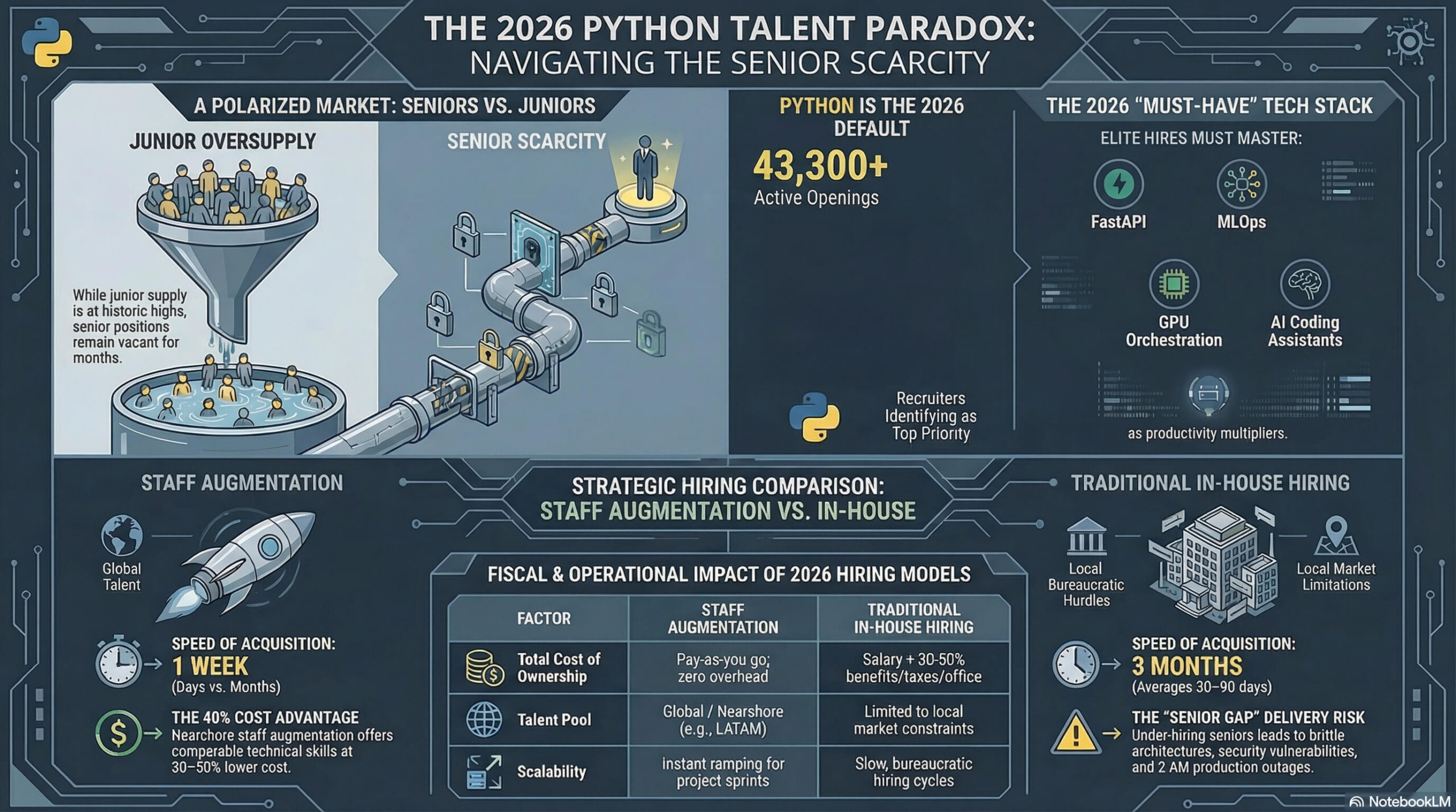 hire Python developers 2026 infographic showing senior shortage, hiring models comparison, staff augmentation vs in-house hiring costs and timelines