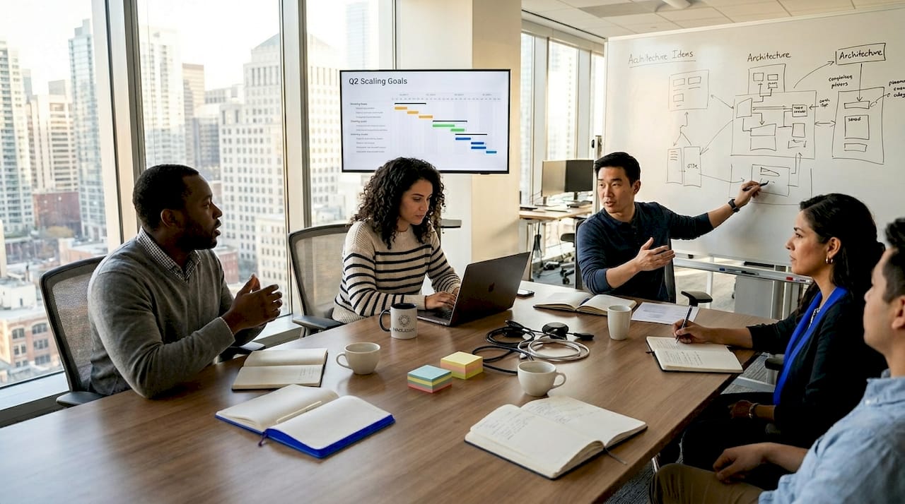 Software engineering team collaborating in city office