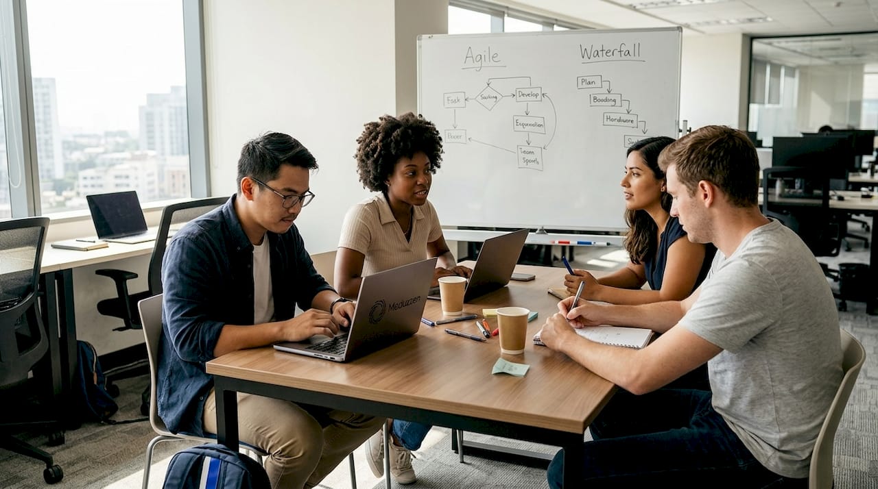 Startup team discussing software models