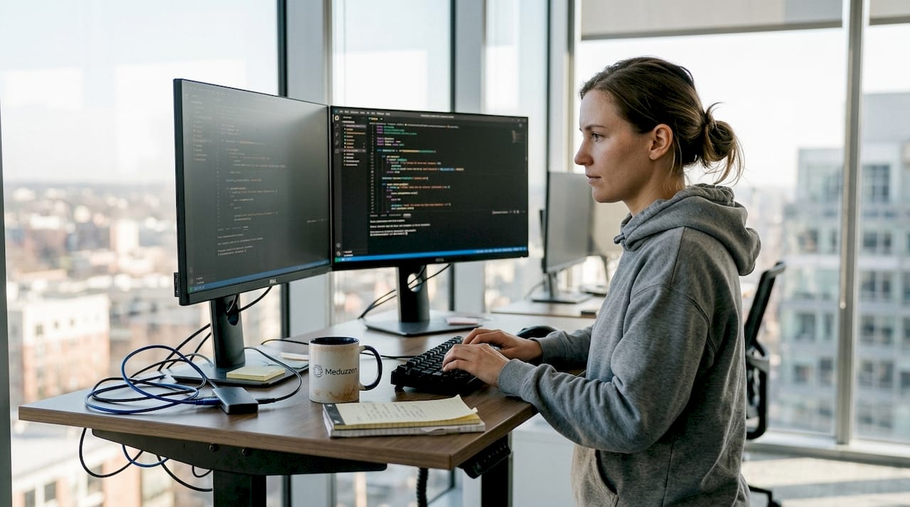 Python engineer coding in bright startup office