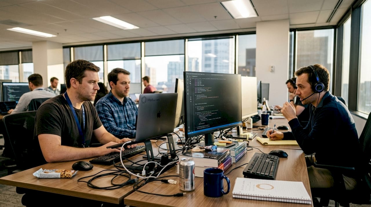 AI development team working at shared office desks