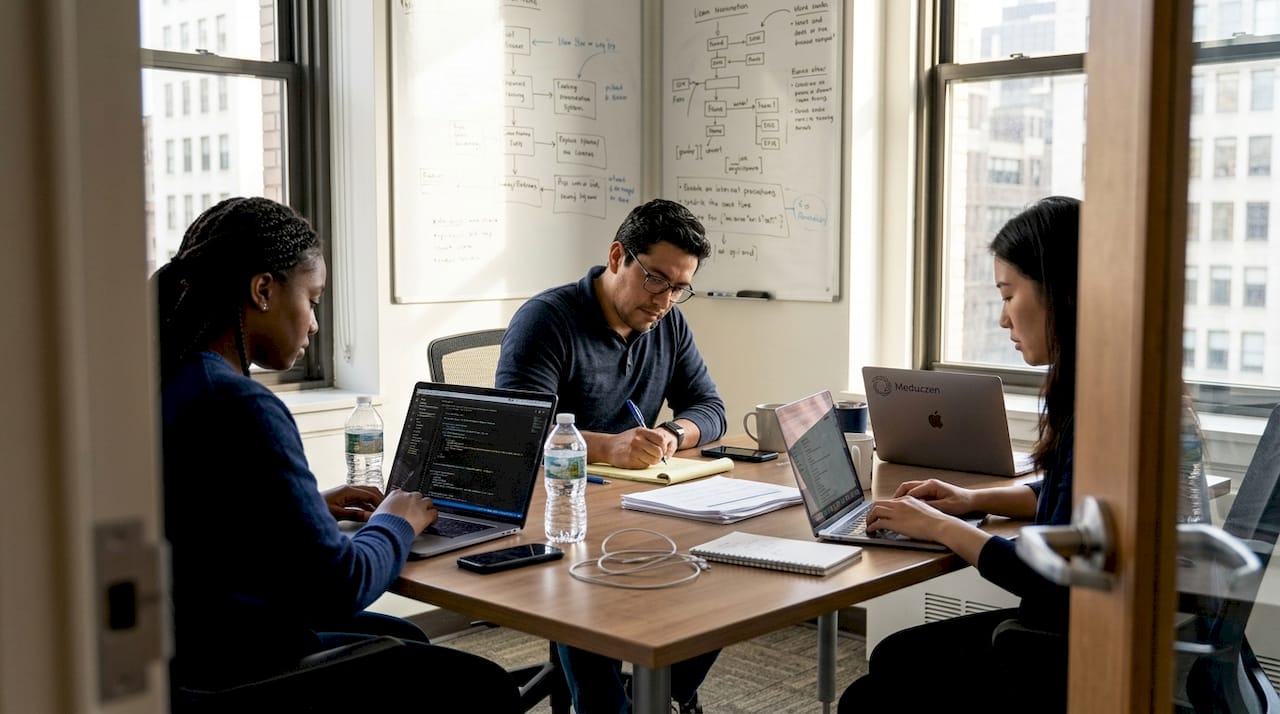 Startup team coding with Python in office