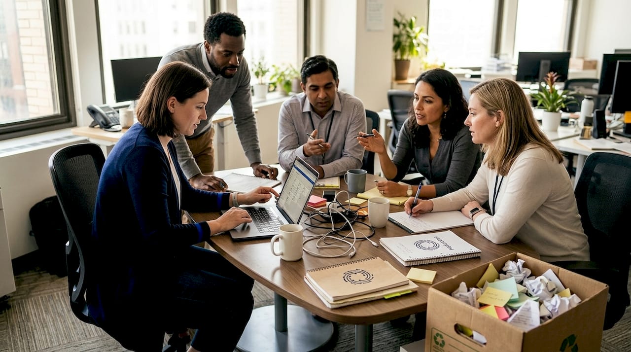 Team meeting around cluttered workspace