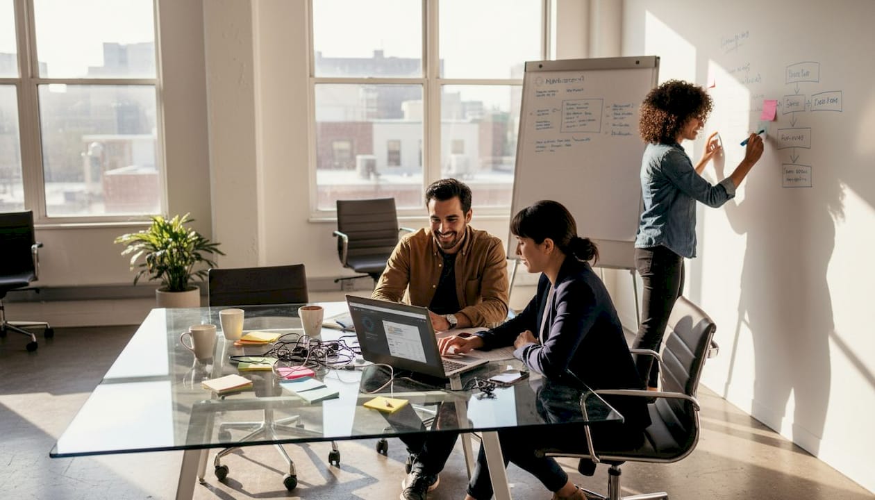 Startup founders planning around cluttered table