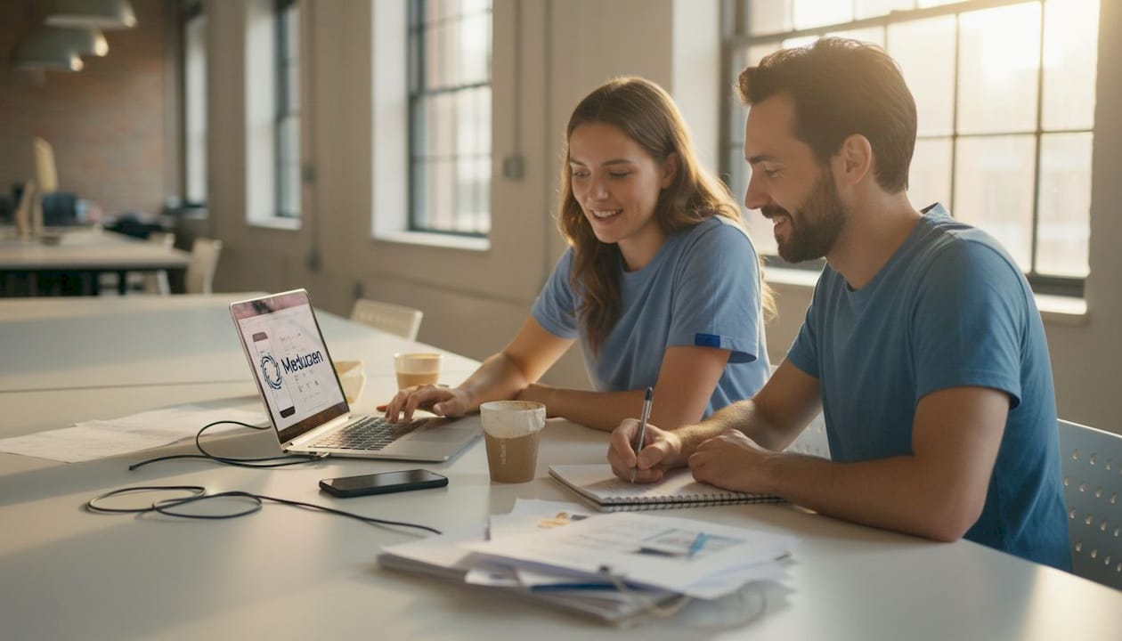 Startup founders working at cluttered shared table