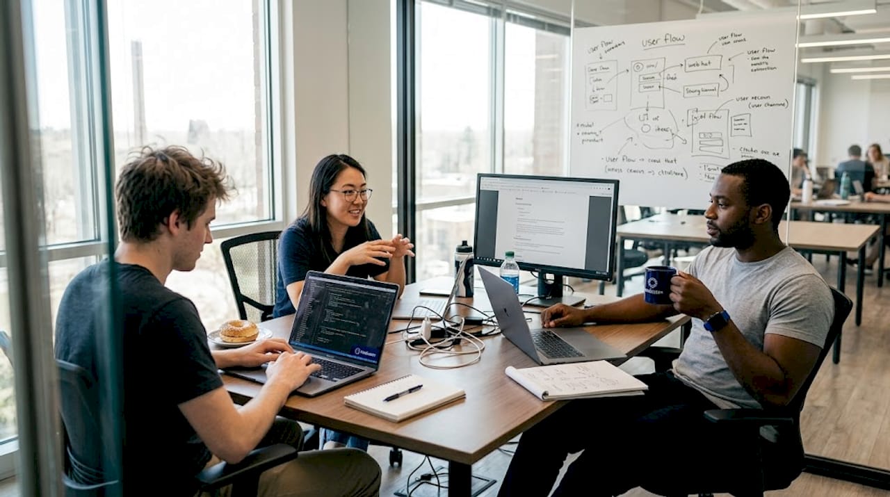 Startup team collaborating in shared workspace