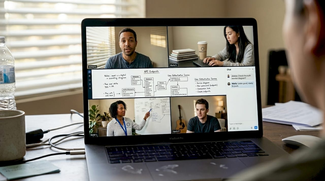 Remote team collaborating on laptops via video call