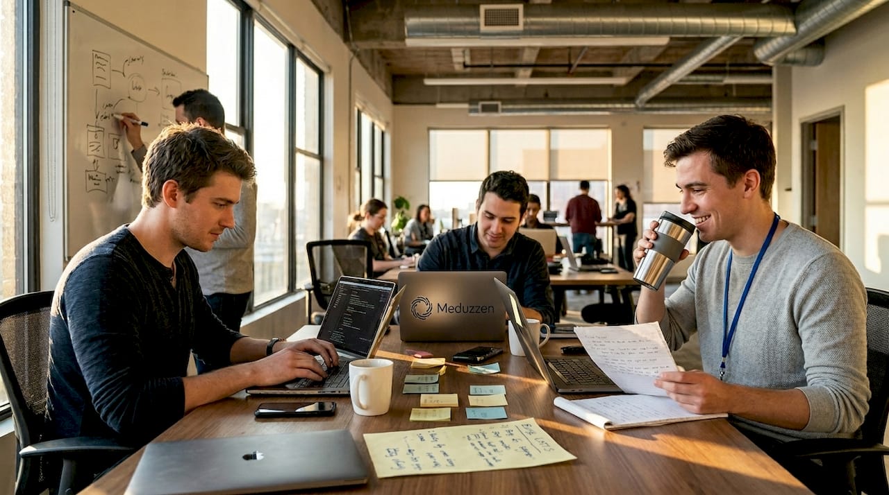 Startup software team collaborating in office