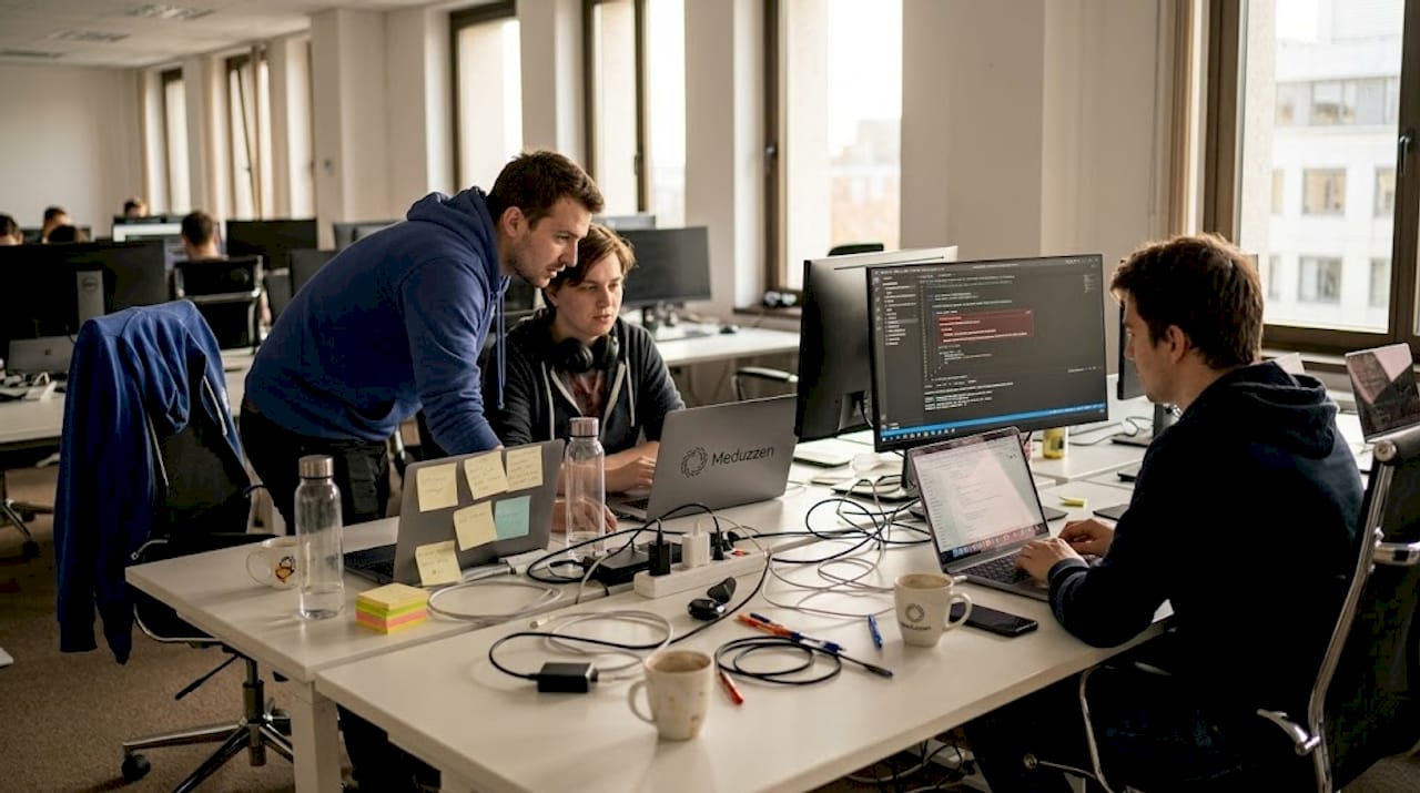 Team collaborating in open-plan workspace