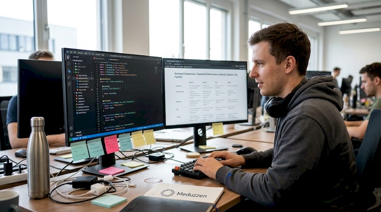 Developer comparing backend frameworks at desk