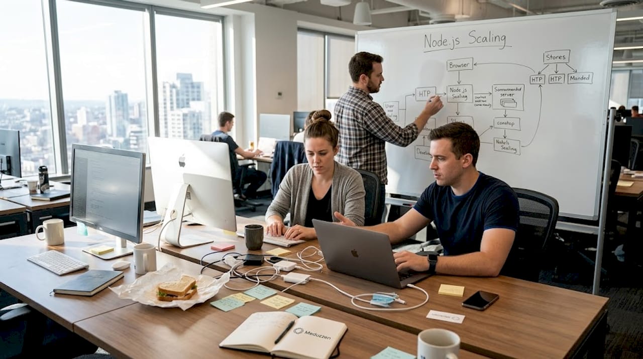 Developers collaborating on Node.js scaling plans