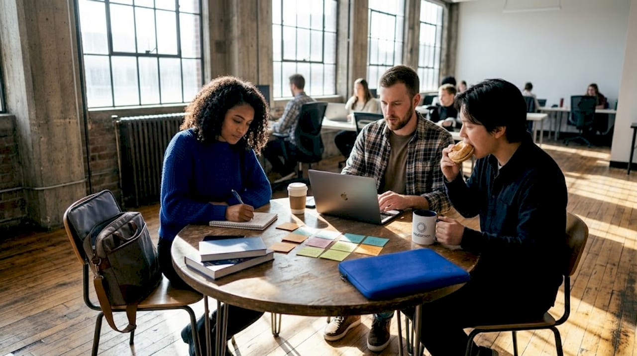 Startup founders discussing MVP plans at workspace