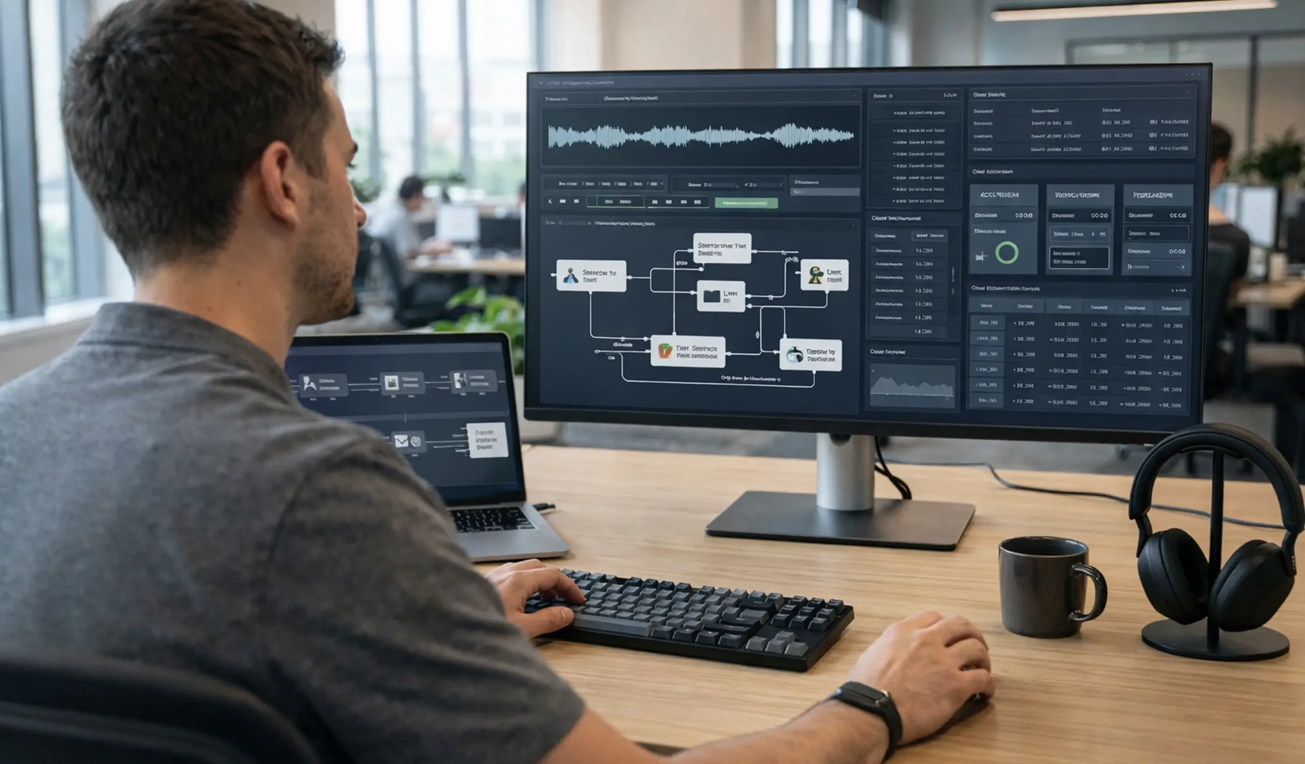 Engineer reviewing a production AI voice agent pipeline with call workflow, transcription, and backend system dashboards in a modern office