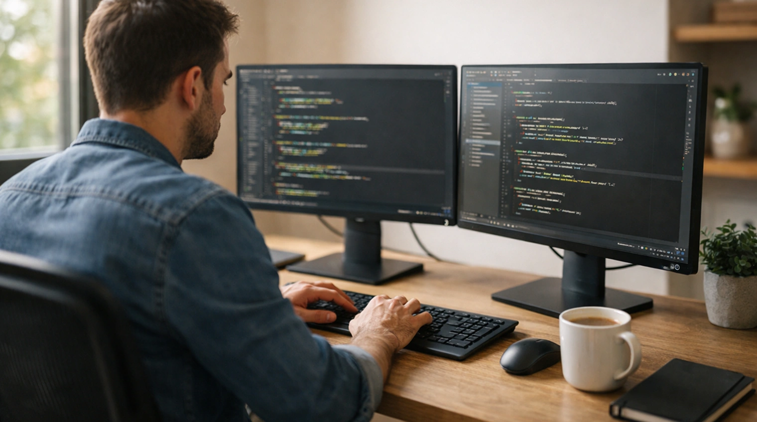 Developer reviewing code on dual monitors — AI developer vetting and screening guide