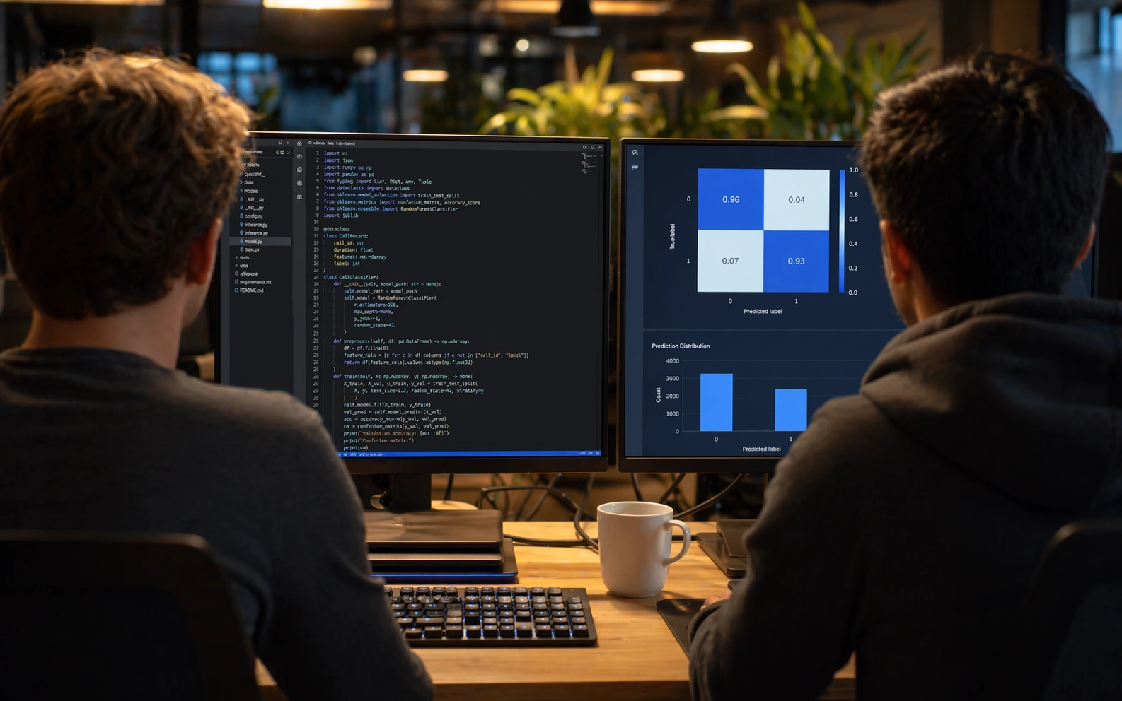 Two developers analyzing AI call classification results on dual monitors showing Python code and a confusion matrix dashboard