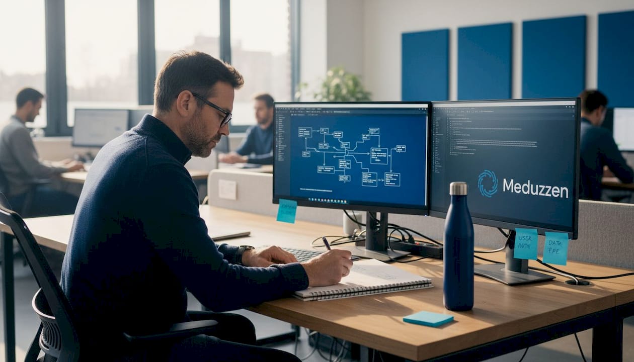 Architect sketches system diagram in tech workspace