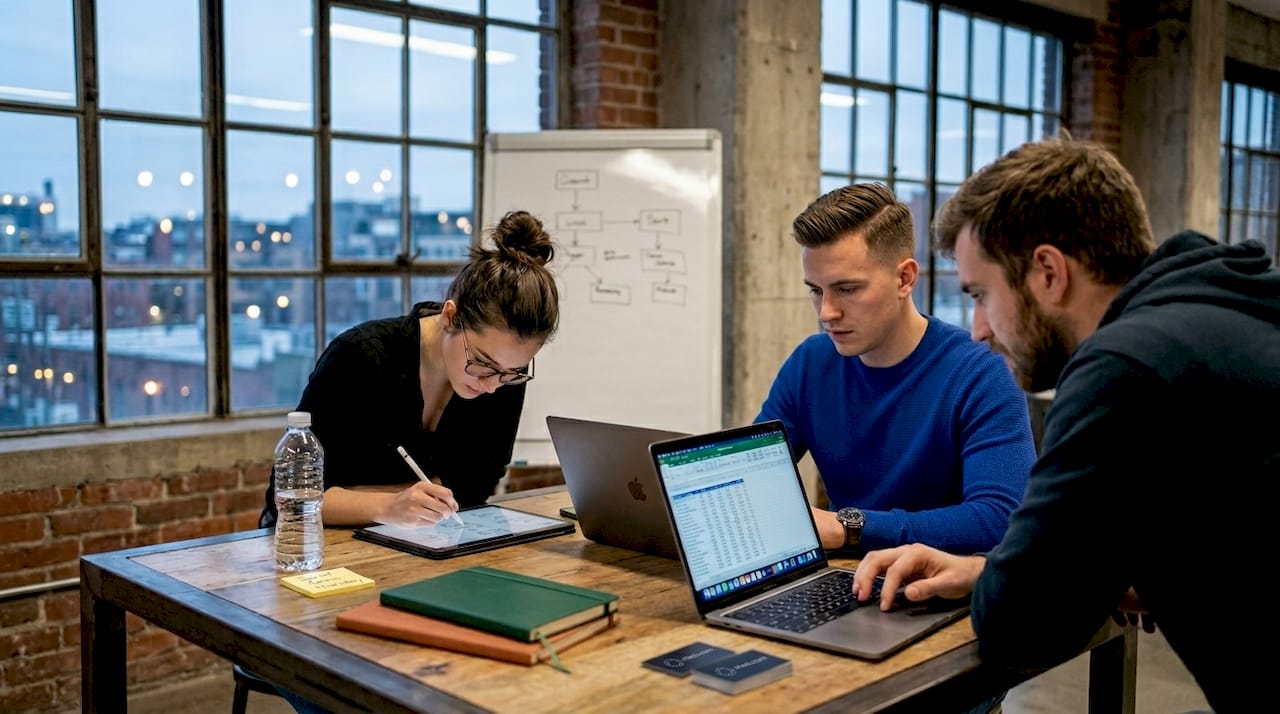 Startup founders working on product plan in glass office