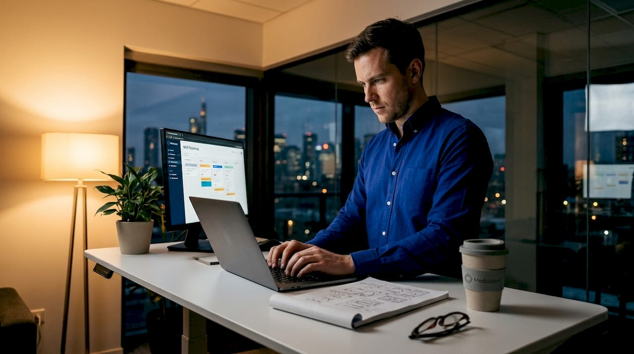 AI startup founder working at standing desk