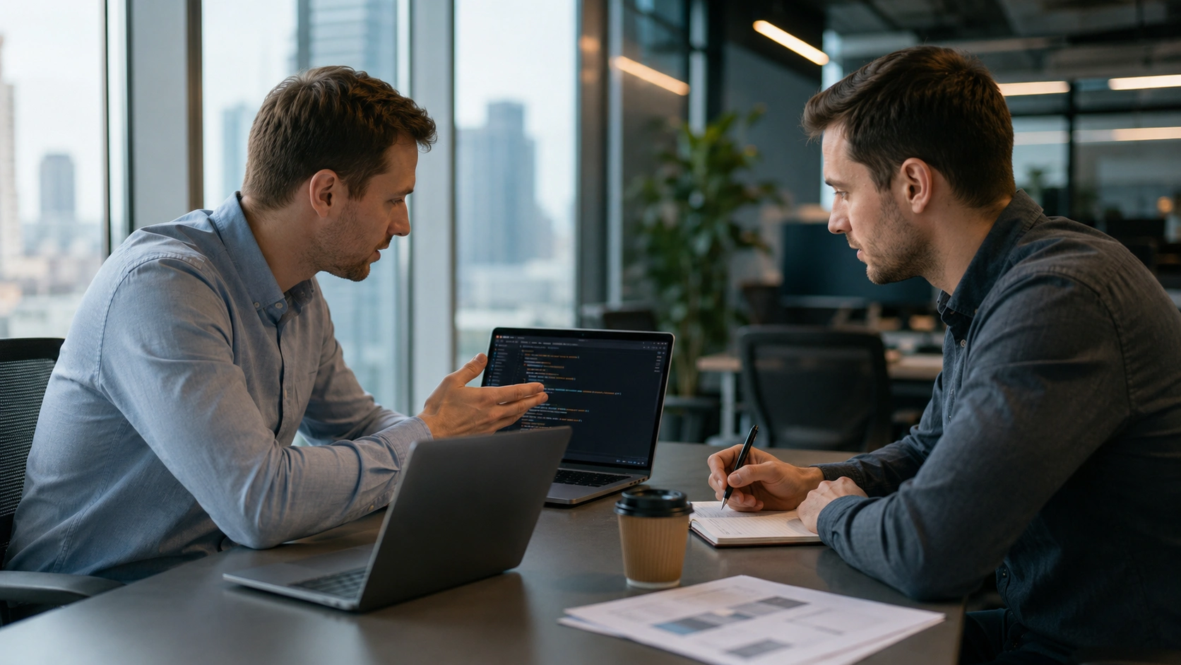 Two engineers reviewing code together during a Django developer technical interview